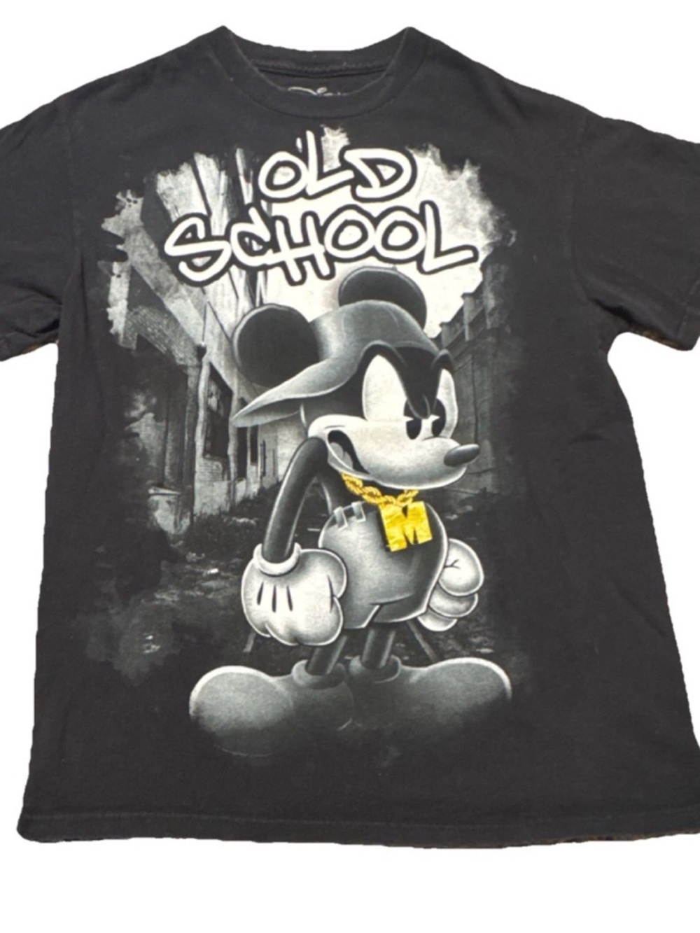 Disney Black Graphic 'Old School' Hip Hop Tee with Gold Chain Accent - Adult M